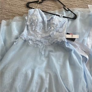 NWT prom dress blue floral appliqué strapless ball gown 7/8